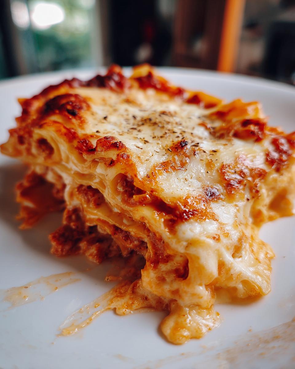 A delicious slice of Homemade Lasagna with layers of pasta, meat sauce, and cheese on a white plate.