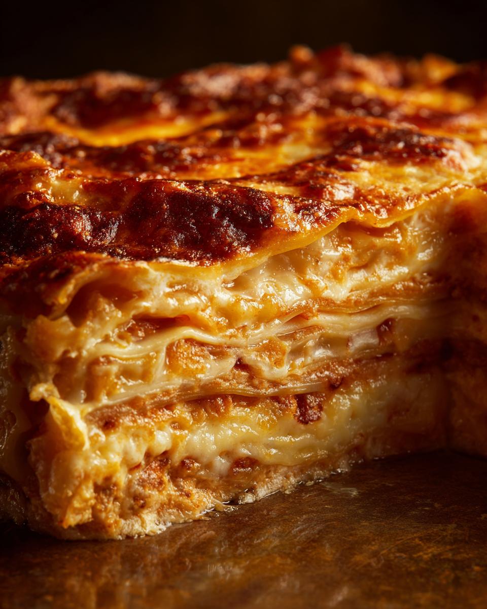 A close-up of a slice of Homemade Lasagna, showcasing the layers of pasta, cheese, and sauce.