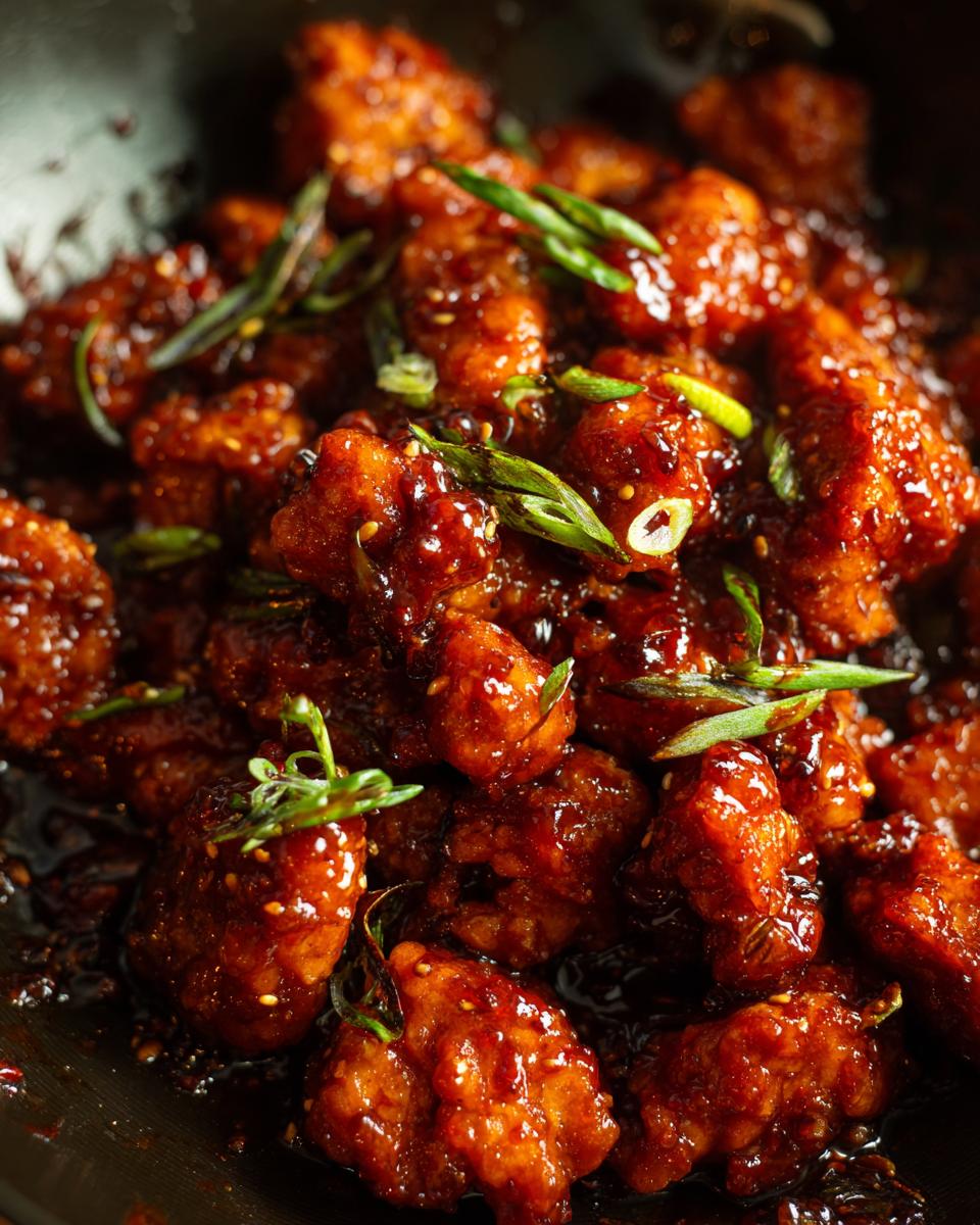 Close-up of flavorful Orange Chicken pieces, garnished with green onions and sesame seeds.