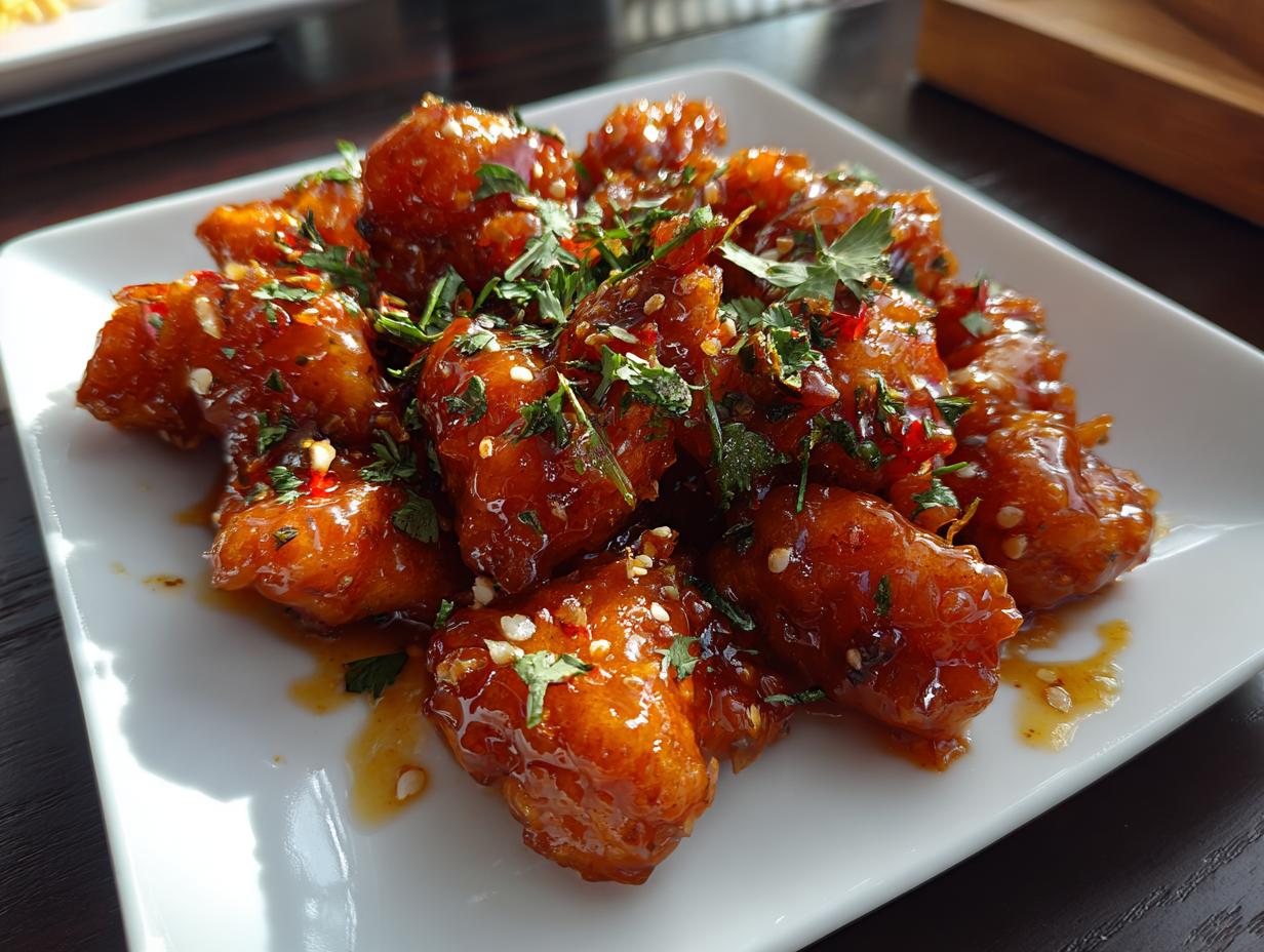 Close-up of crispy Orange Chicken pieces on a white plate, garnished with herbs and sesame seeds.