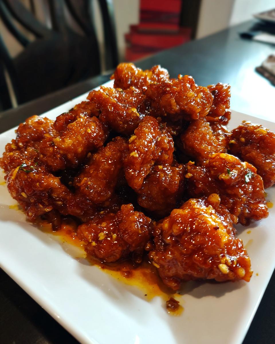 A plate of glistening Orange Chicken pieces, coated in a rich, flavorful sauce and garnished with sesame seeds.