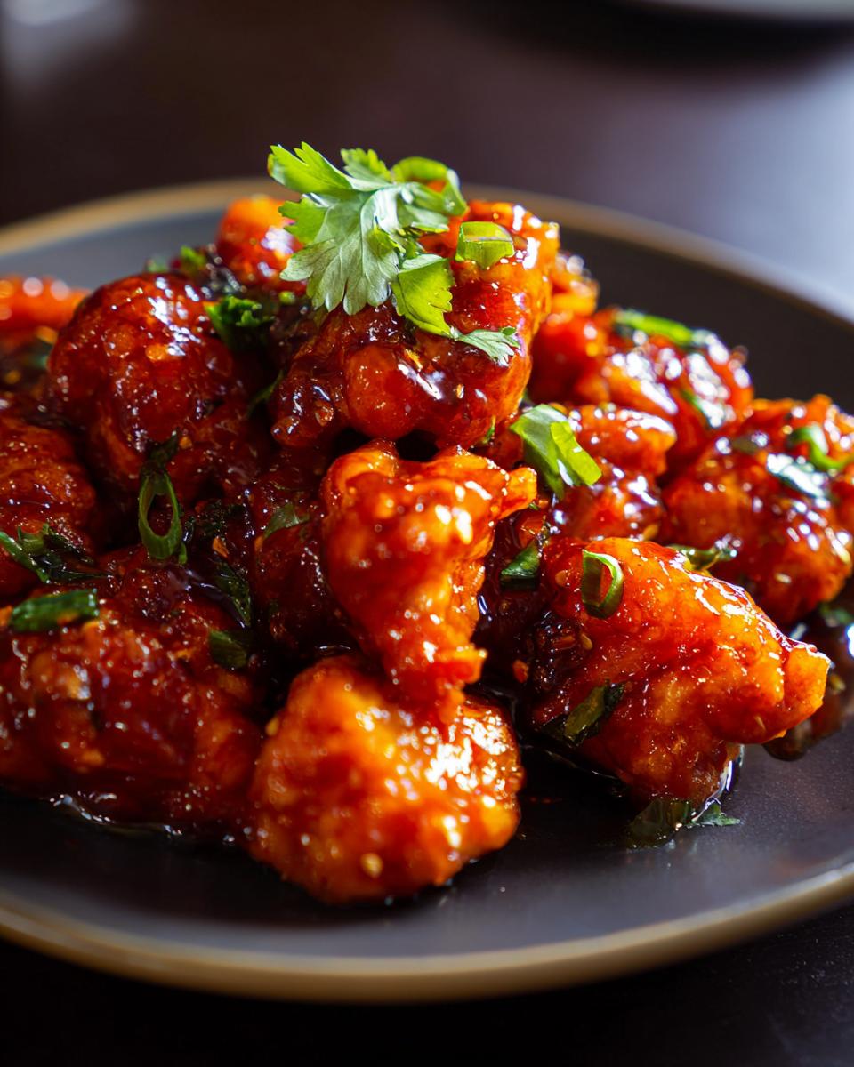 Close-up of glossy Orange Chicken pieces on a dark plate, garnished with fresh herbs.