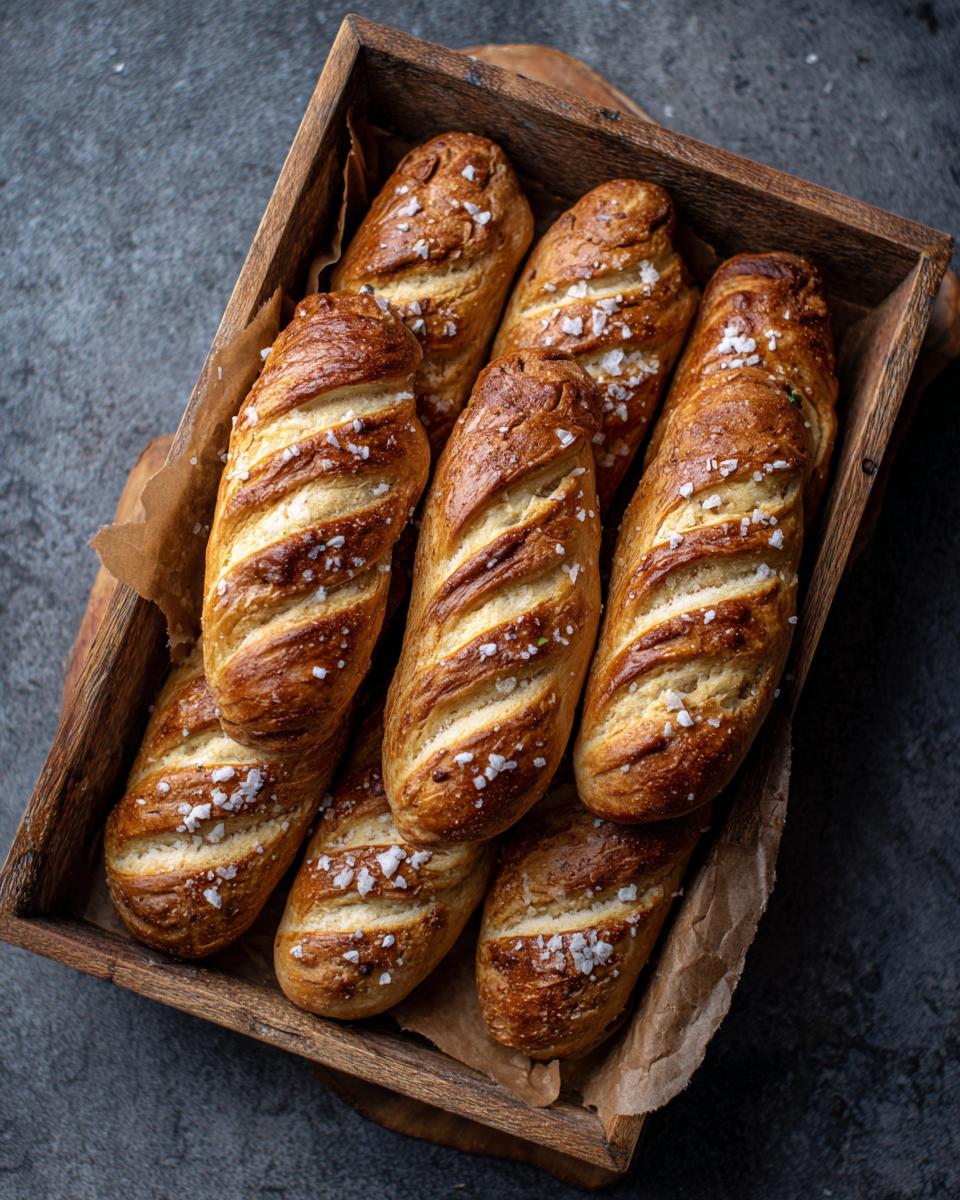 Overhead shot of several Ultimate Homemade Pretzel Dogs with salt in a rustic wooden box.