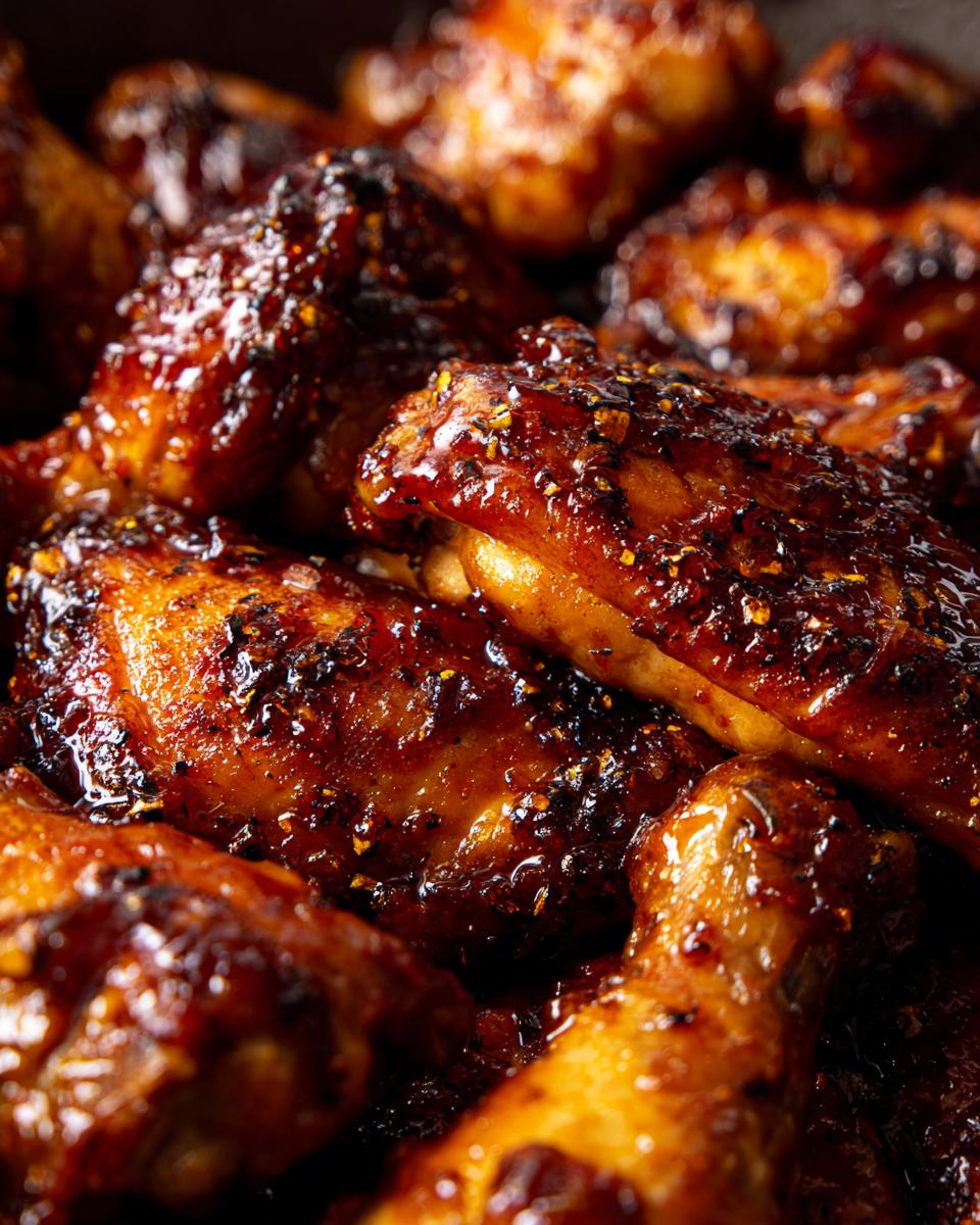 Close-up of glistening, golden-brown Honey Chicken pieces, coated in a rich, flavorful sauce and spices.