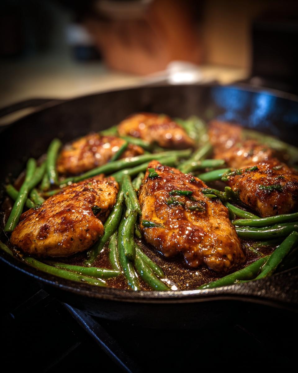 30-Minute Honey Garlic Chicken & Green Beans Skillet in a cast iron skillet, ready to serve.