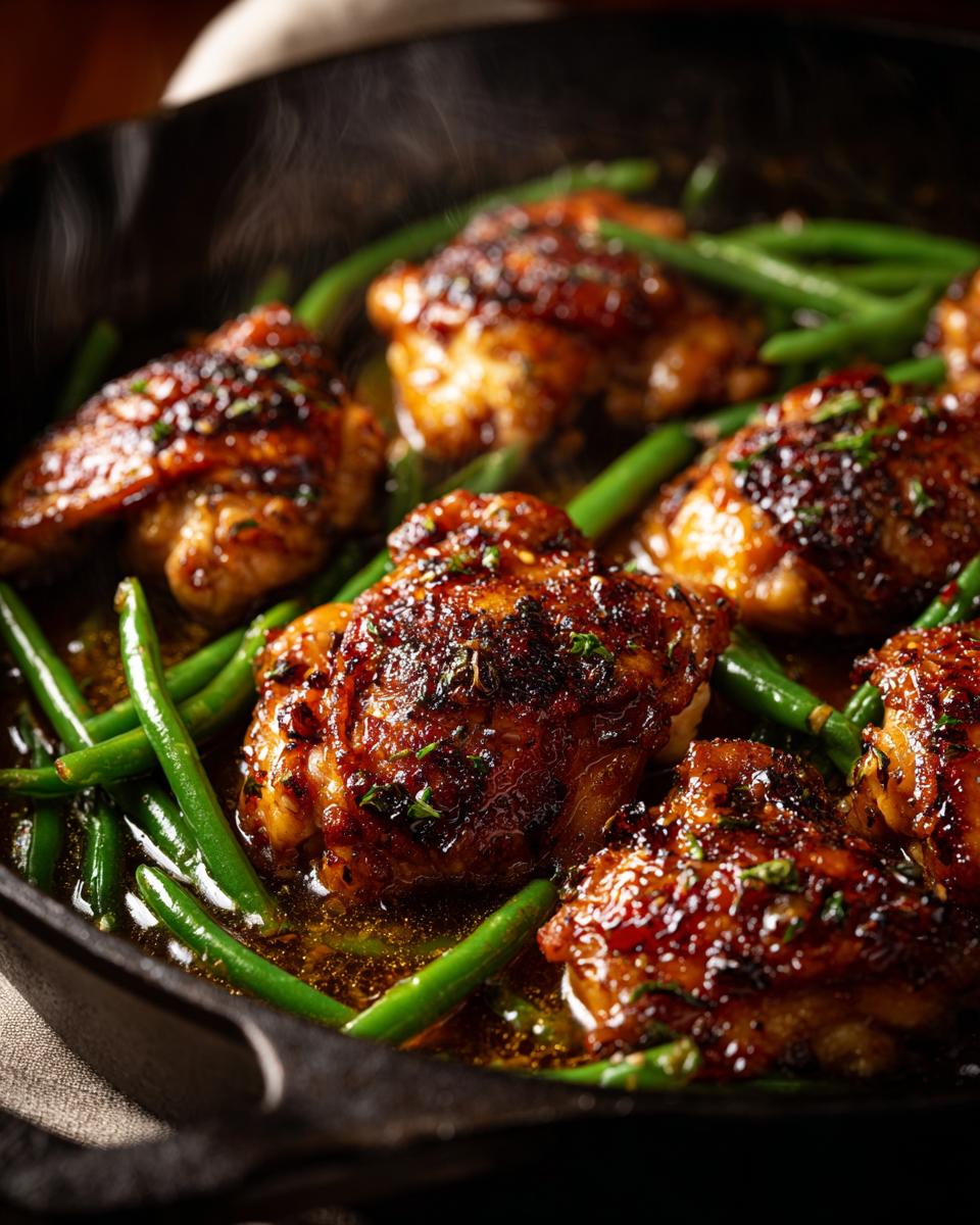 Close-up of 30-Minute Honey Garlic Chicken & Green Beans Skillet in a cast iron pan.