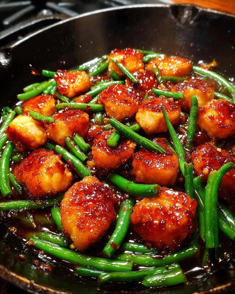 Close-up of 30-Minute Honey Garlic Chicken & Green Beans Skillet in a cast iron pan.