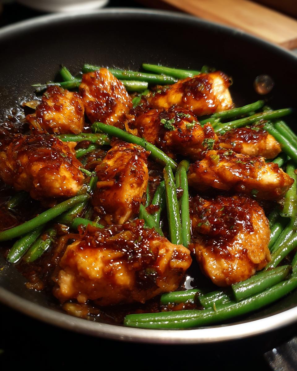 Close-up of 30-Minute Honey Garlic Chicken & Green Beans Skillet in a pan, featuring glazed chicken and vibrant green beans.