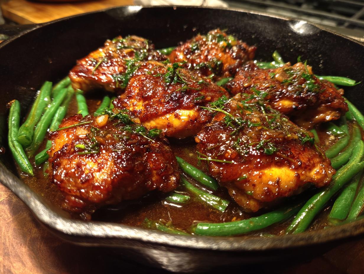 Delicious 30-Minute Honey Garlic Chicken & Green Beans Skillet in a cast iron pan, garnished with herbs.
