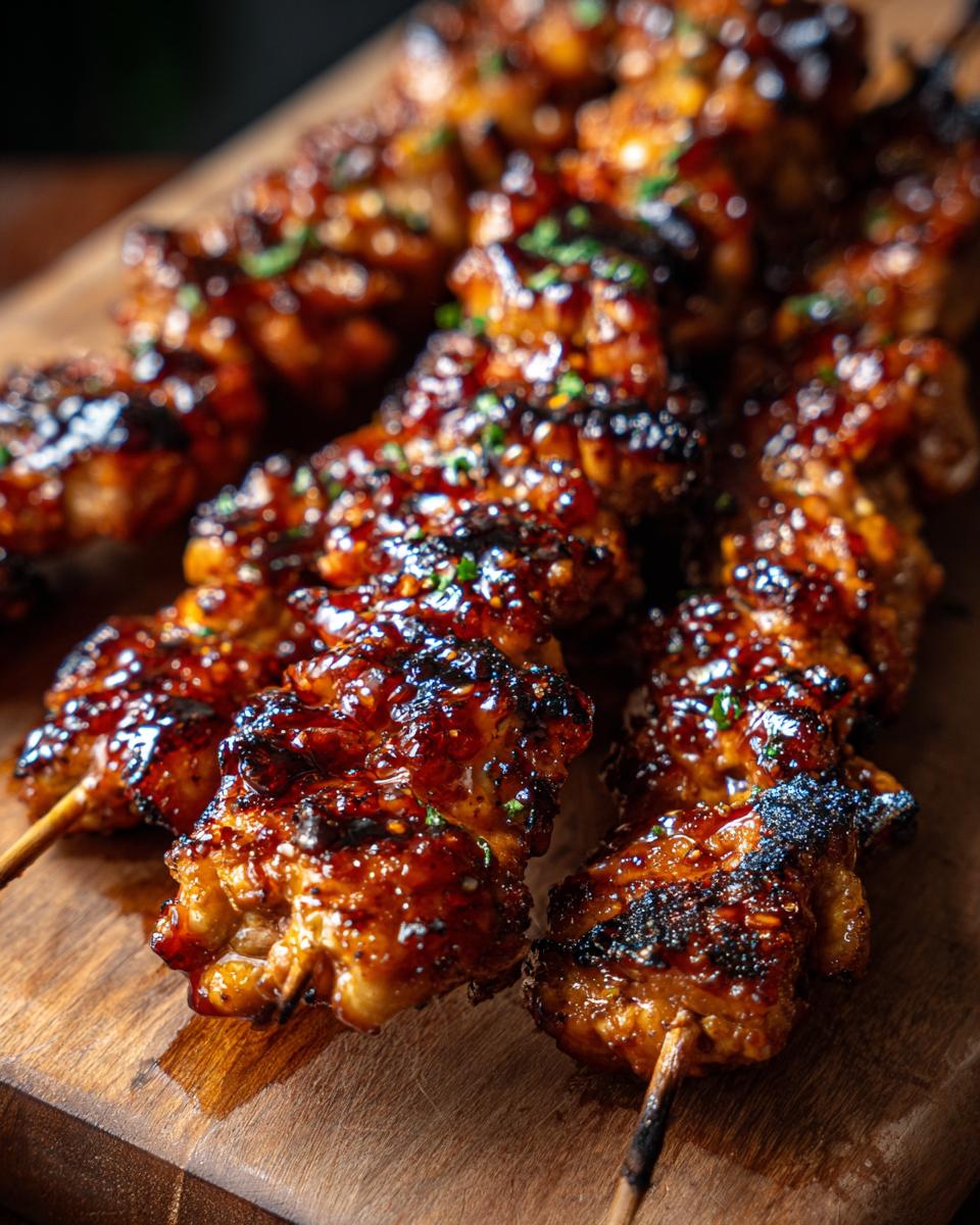 Close-up of Juicy 4-Ingredient Honey Garlic Chicken Skewers on a wooden board, glistening with sauce and herbs.
