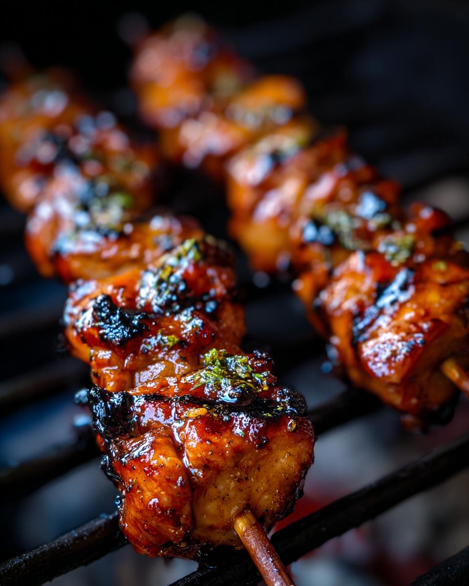 Close-up of Juicy 4-Ingredient Honey Garlic Chicken Skewers grilling, showing the glaze and char.