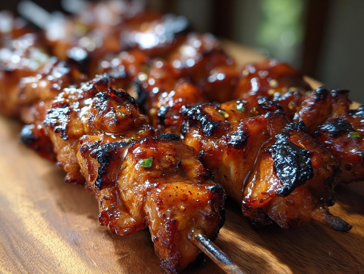Close-up of glazed Juicy 4-Ingredient Honey Garlic Chicken Skewers on a wooden board.