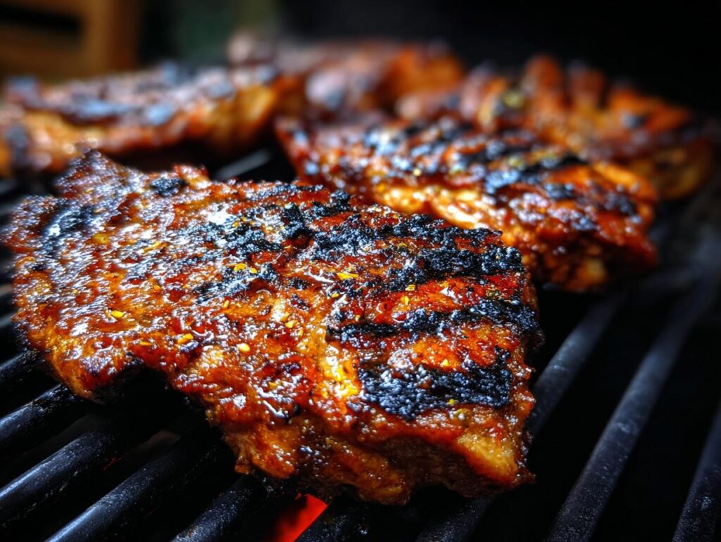 Close-up of Huli Huli Grilled Chicken cooking on a grill, showcasing the caramelized glaze and grill marks.