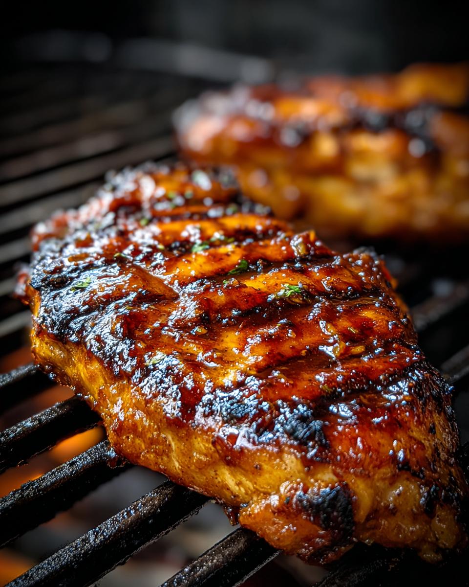 Close-up of Huli Huli Grilled Chicken cooking on a grill, showing the caramelized glaze and grill marks.