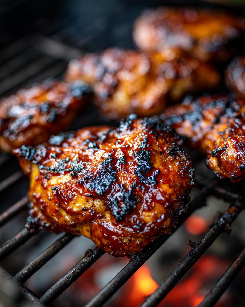 Close-up of Huli Huli Grilled Chicken cooking on a grill with flames visible underneath.