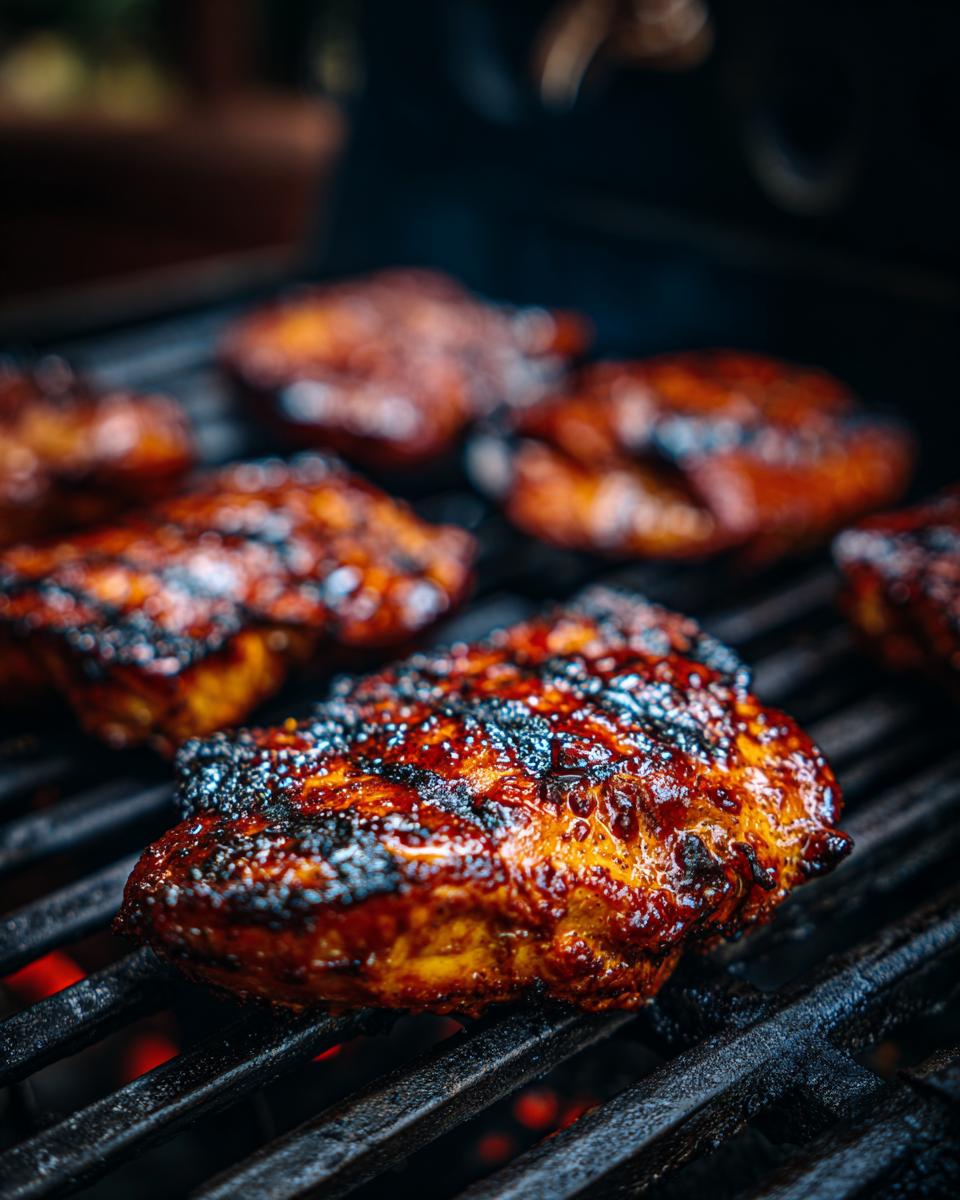 Close-up of Huli Huli Grilled Chicken cooking on a grill, showing the caramelized glaze and grill marks.