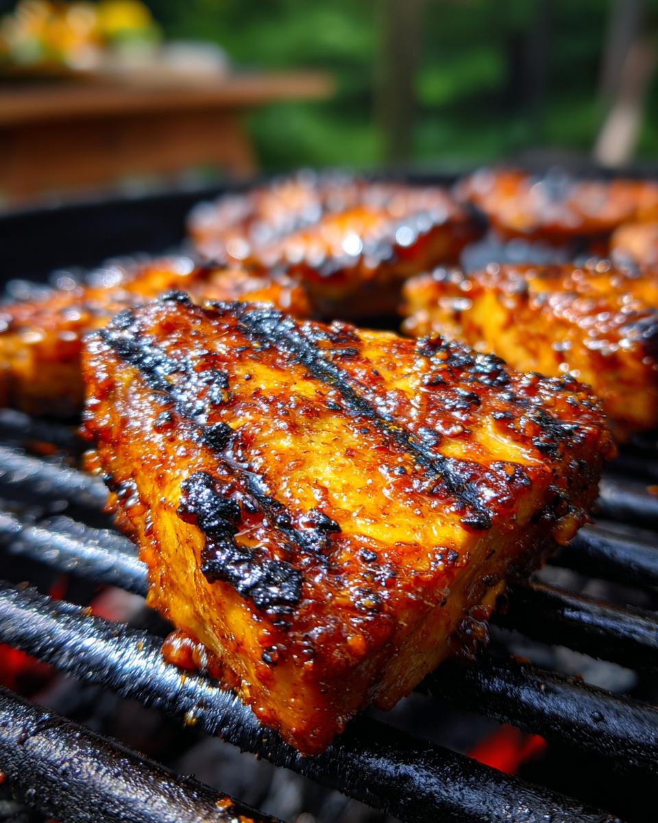 Close-up of Huli Huli Grilled Chicken cooking on a charcoal grill, showing the caramelized glaze and grill marks.