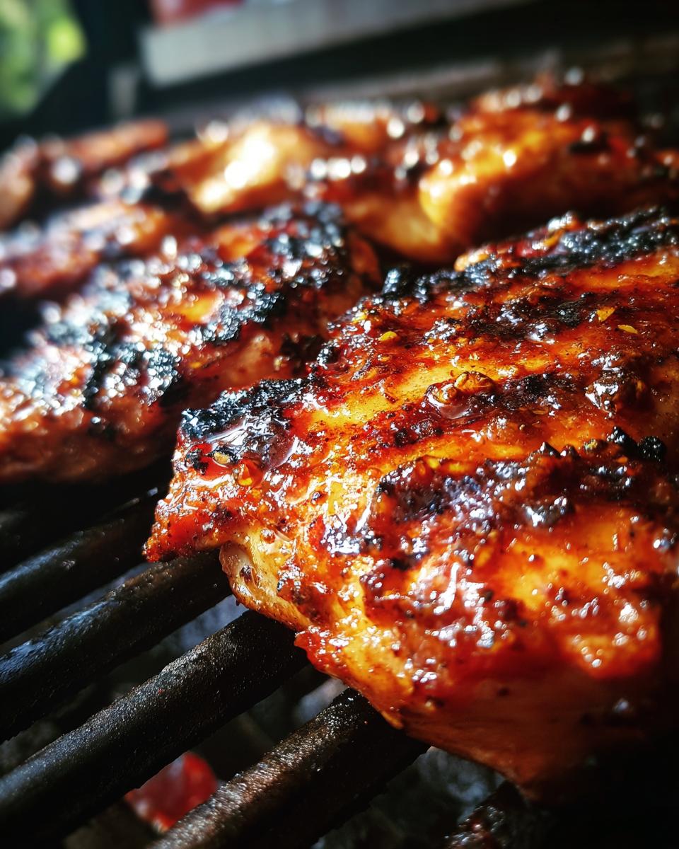 Close-up of Huli Huli Grilled Chicken cooking on a charcoal grill, showing the caramelized glaze.