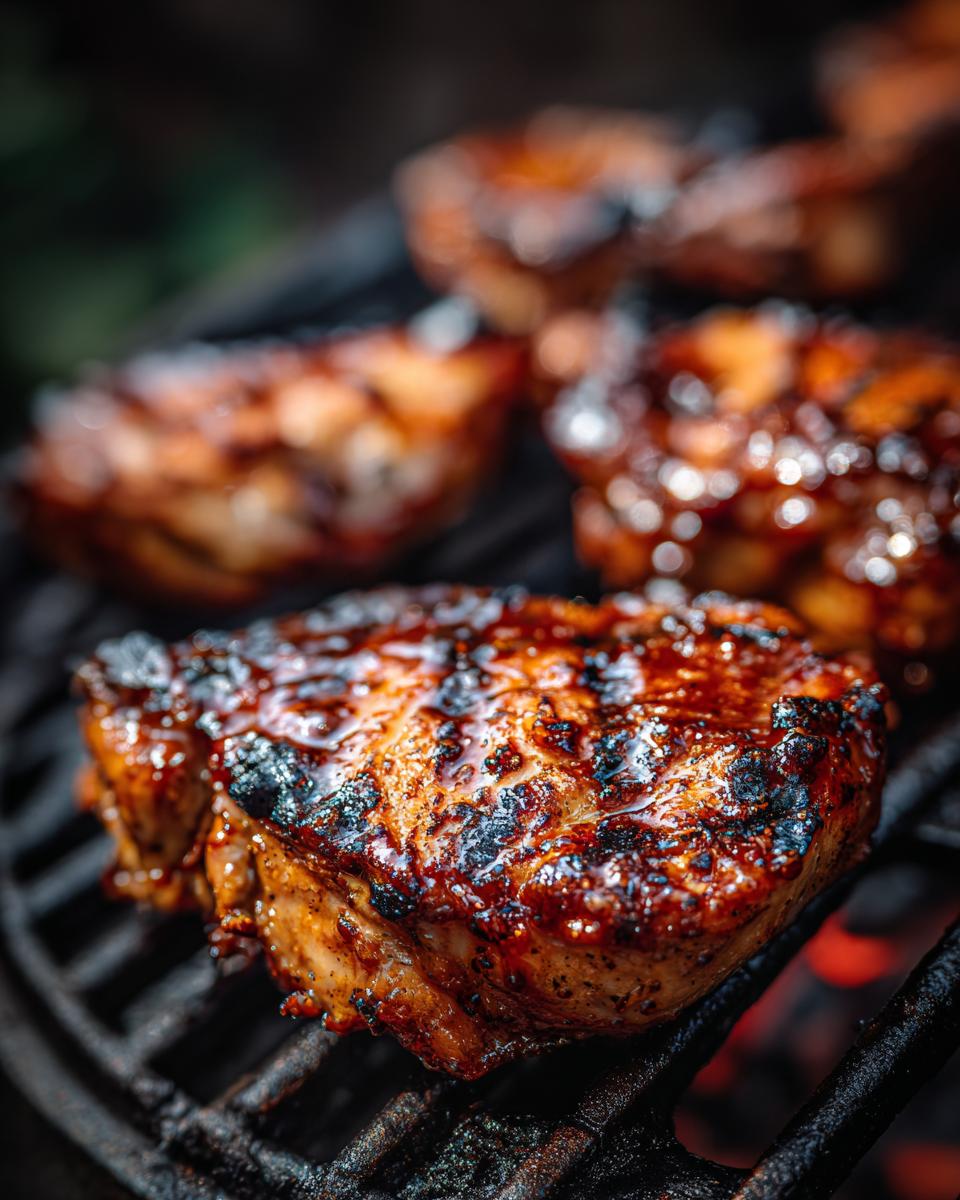Close-up of juicy Huli Huli Grilled Chicken cooking on a charcoal grill, showing the caramelized glaze.