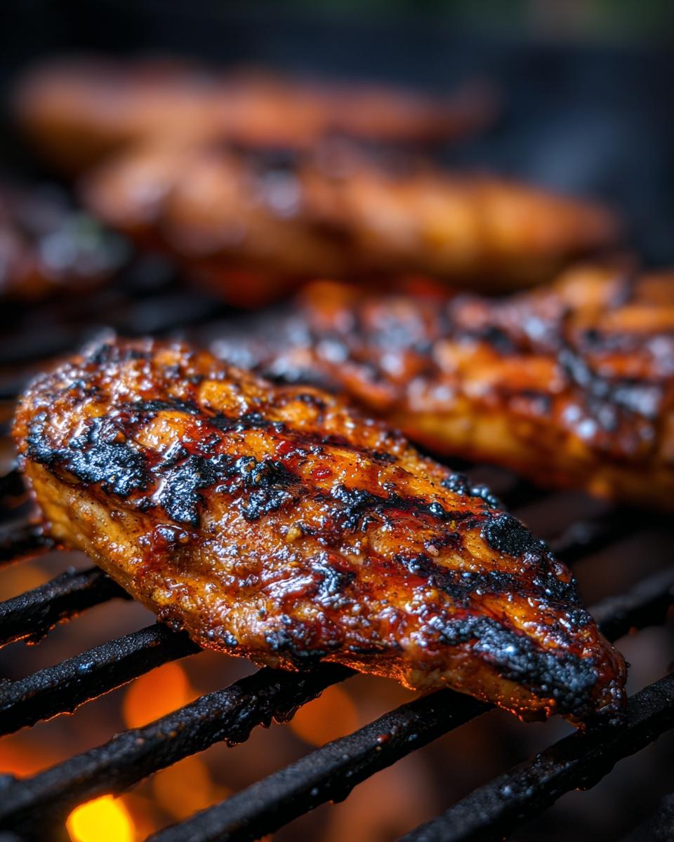 Close-up of Huli Huli Grilled Chicken cooking on a grill, showing the caramelized glaze and grill marks.