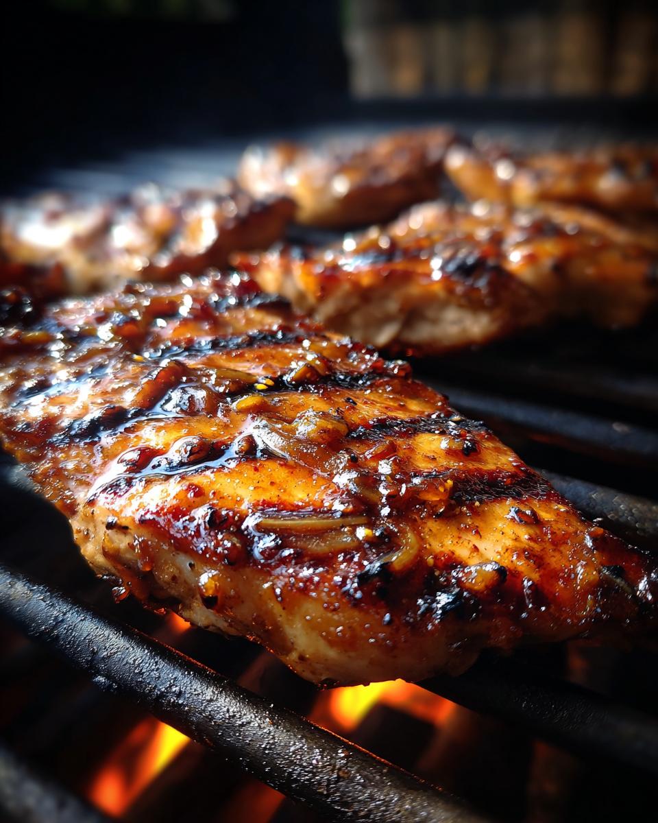Close-up of Huli Huli Grilled Chicken cooking on a grill with flames visible underneath.