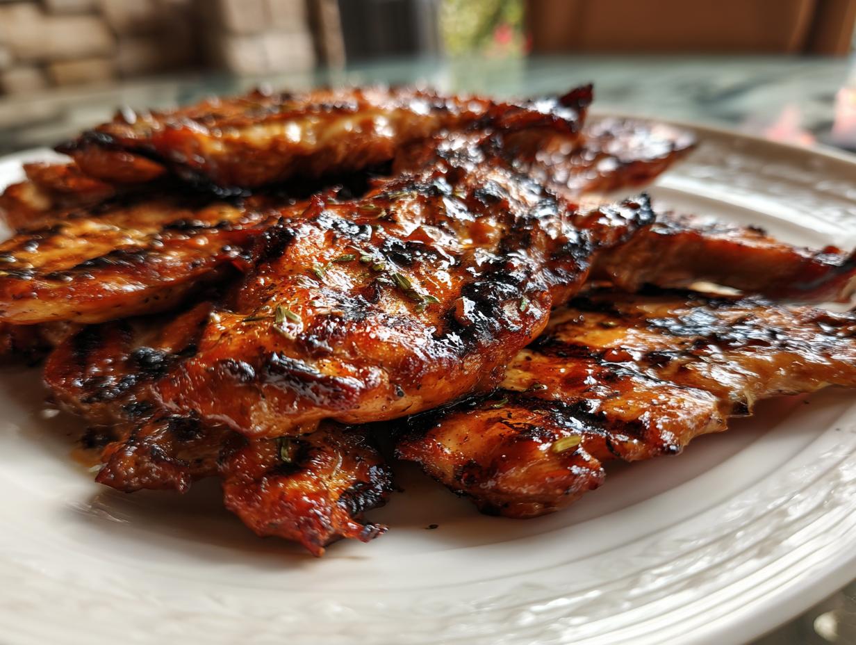 Close-up of Huli Huli Grilled Chicken pieces on a white plate, showcasing the caramelized glaze and grill marks.
