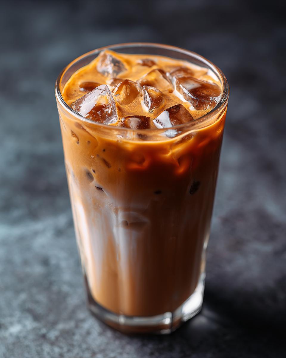 A refreshing Iced Blueberry Latte in a tall glass with ice cubes and a creamy swirl.