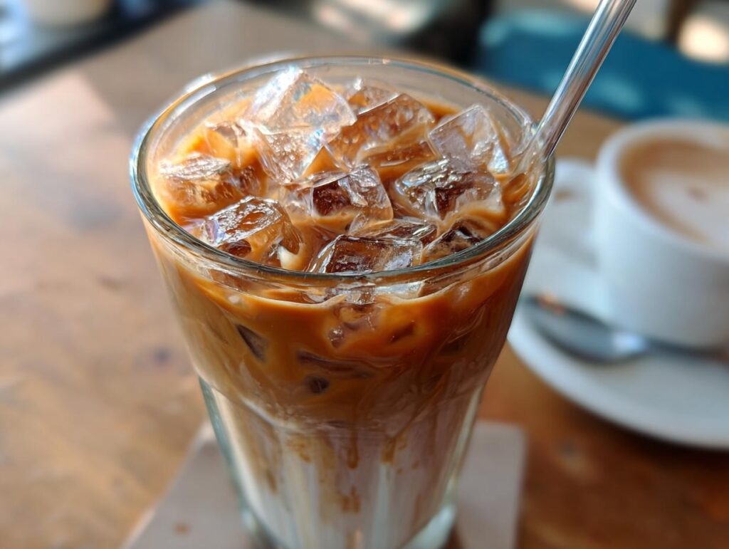 A refreshing Iced Blueberry Latte in a glass with ice and a metal straw, sitting on a wooden table.