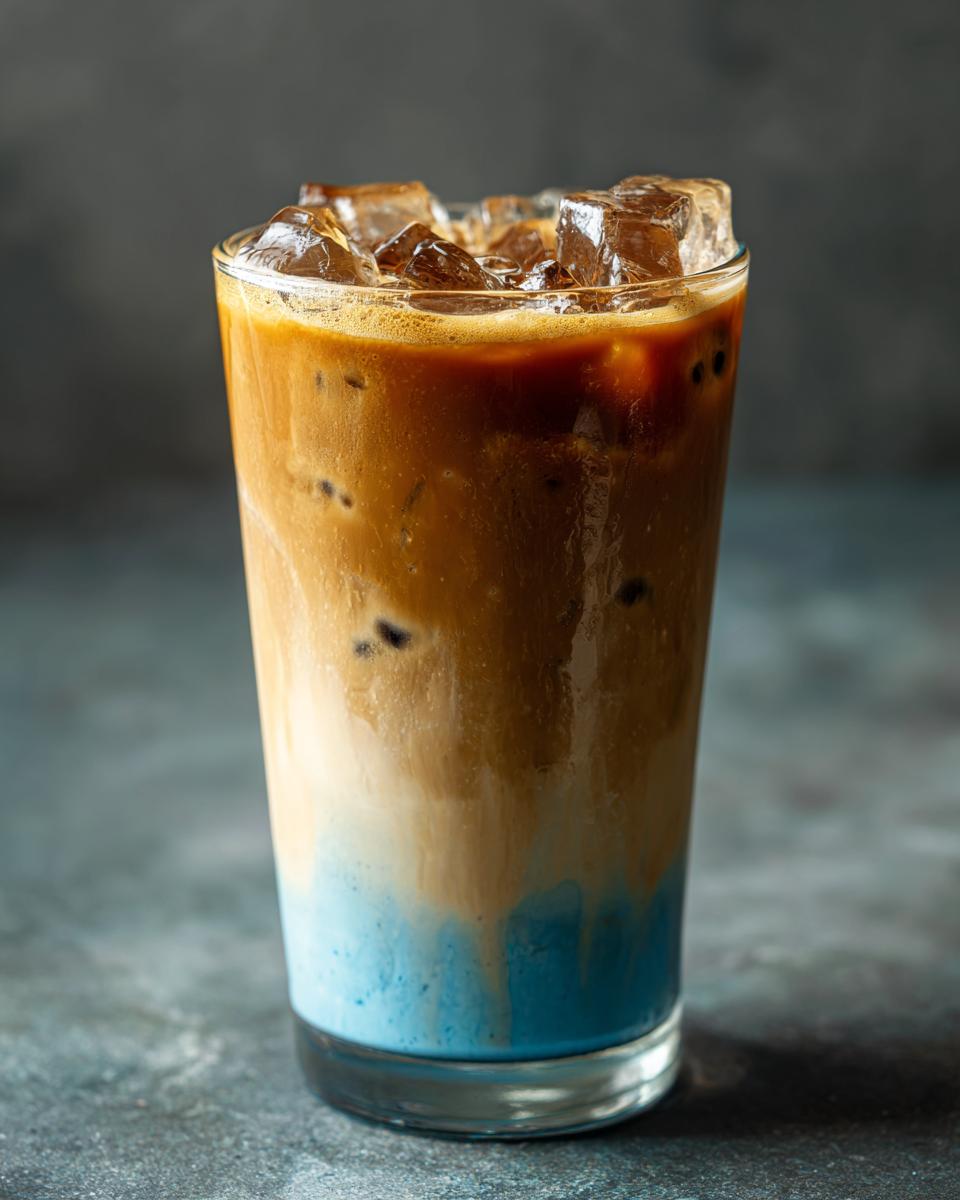 A refreshing Iced Blueberry Latte in a glass, filled with ice and showing the layered blue and coffee colors.