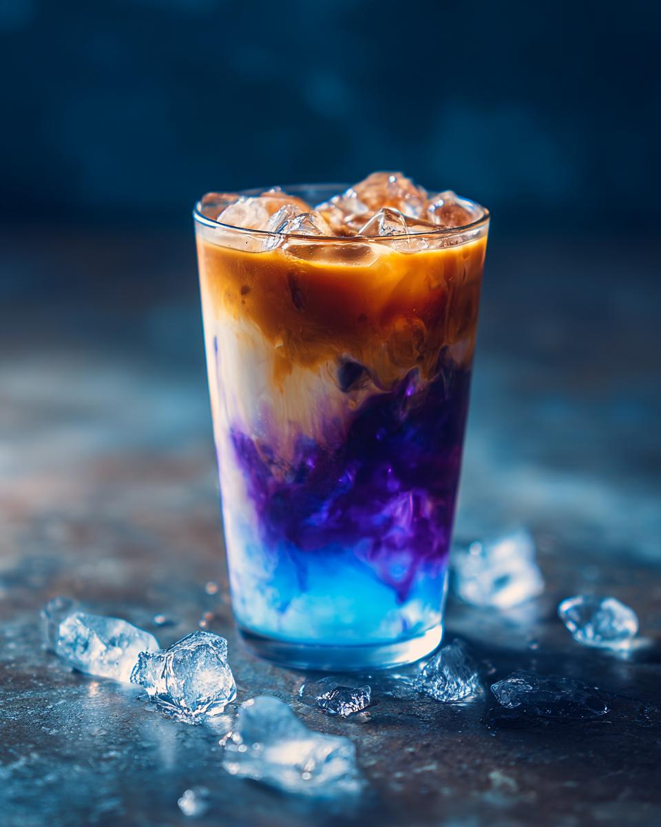 A vibrant The Iced Blueberry Latte in a glass with ice, showcasing the layered colors of blueberry, milk, and coffee.