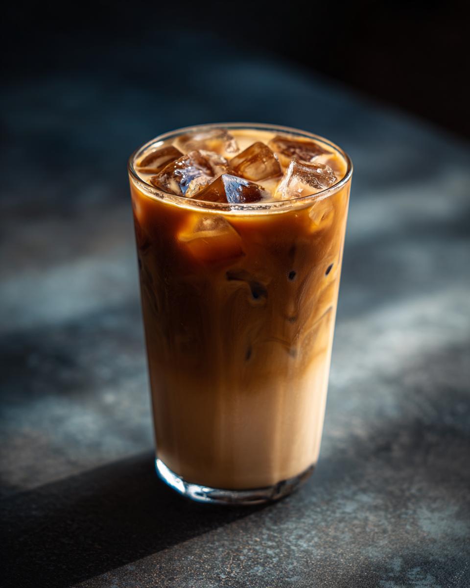 A refreshing The Iced Blueberry Latte in a glass with ice cubes, showing the creamy layers.
