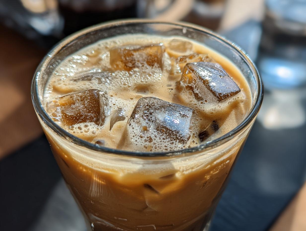 A refreshing Iced Blueberry Latte in a glass with ice cubes, showcasing its creamy texture and inviting color.
