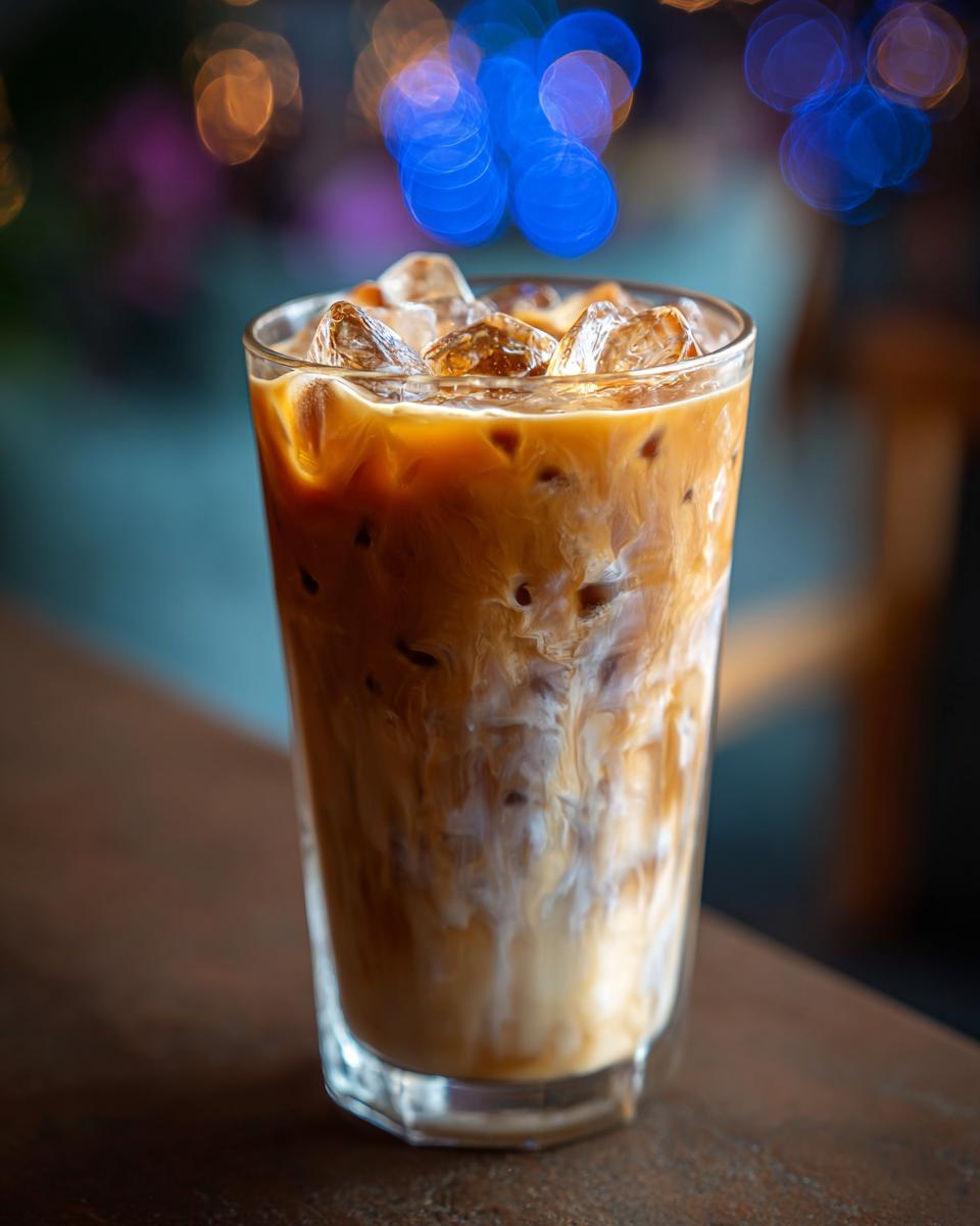 A glass of The Iced Blueberry Latte with ice, showing the swirl of milk and coffee.