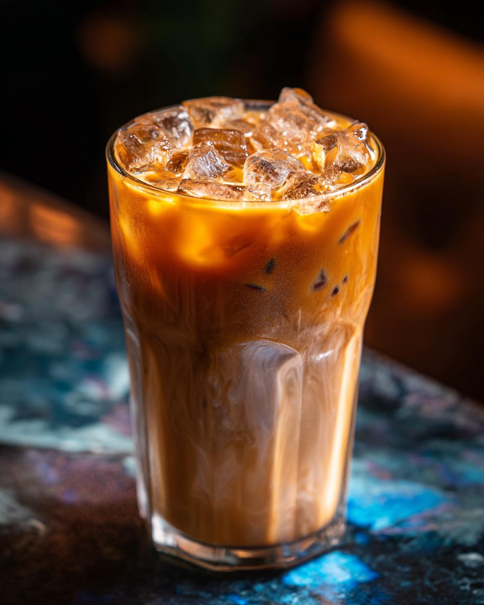 A tall glass of The Iced Blueberry Latte, filled with ice and showing the layers of coffee and milk.