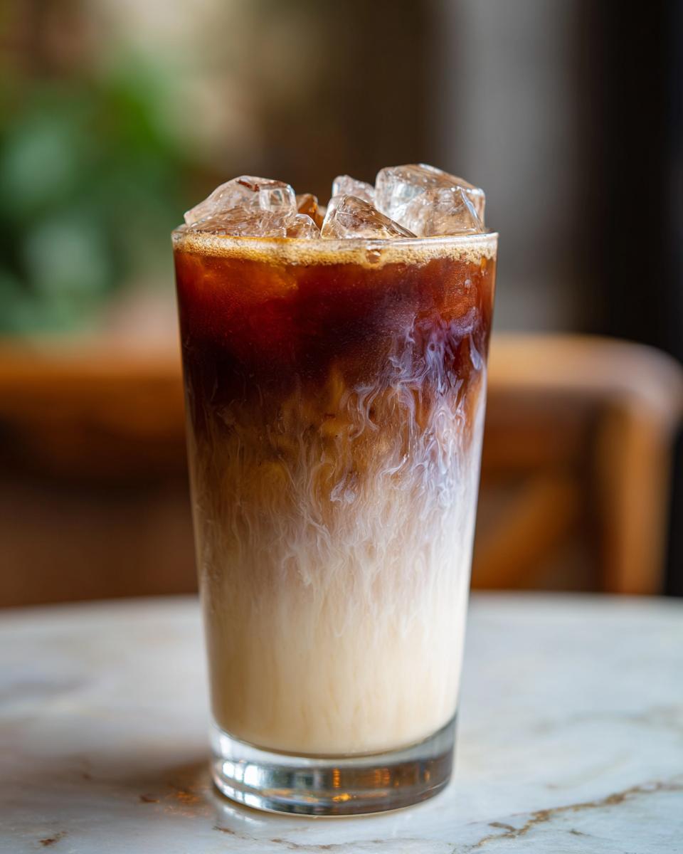 Tall glass of The Iced Blueberry Latte with ice, showing layers of coffee, milk, and blueberry flavor.