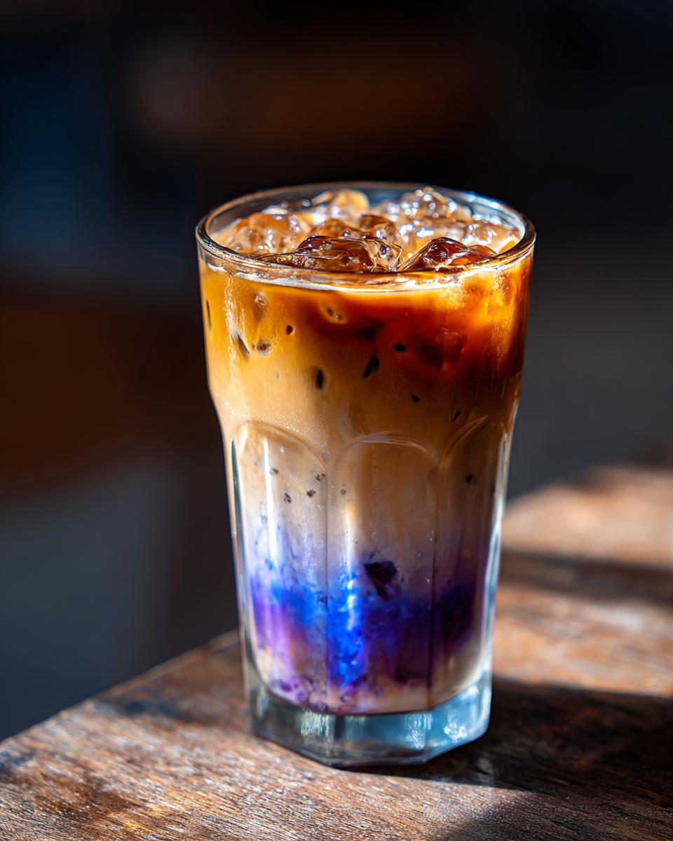 A glass of The Iced Blueberry Latte with ice, blueberry syrup, milk and coffee on a wooden table.