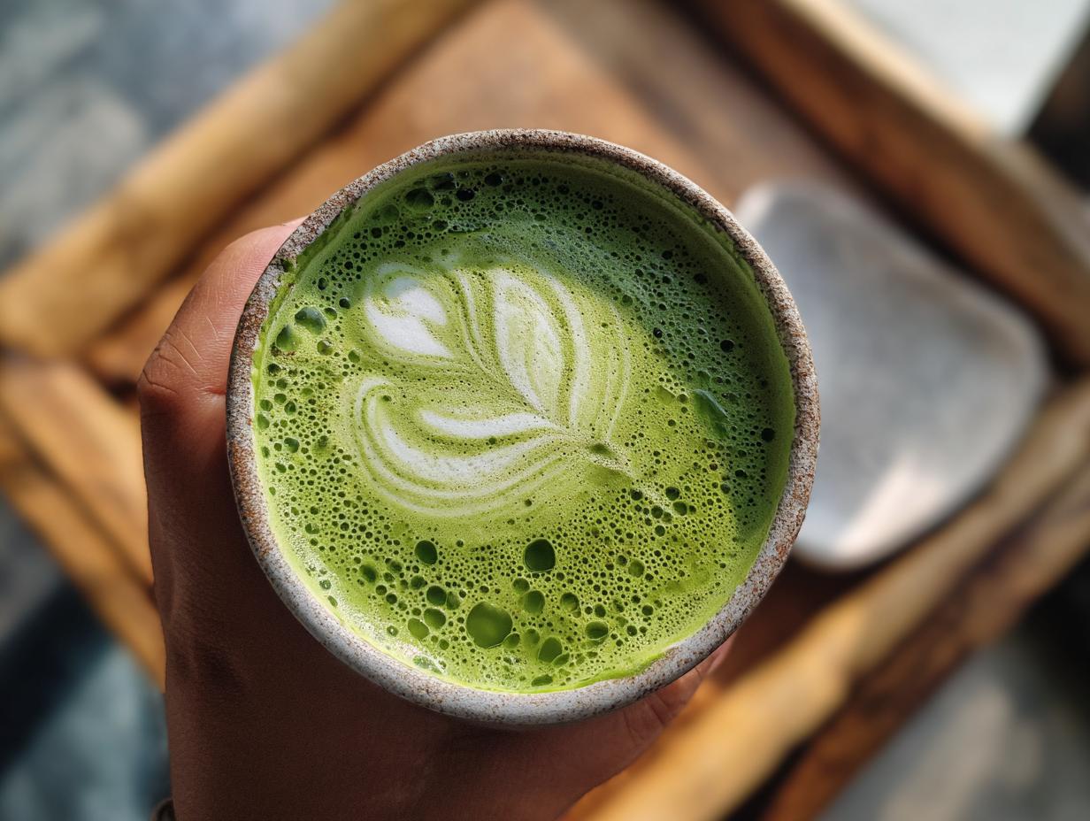 Overhead shot of a hand holding an Iced Matcha Latte Coconut Milk with latte art.