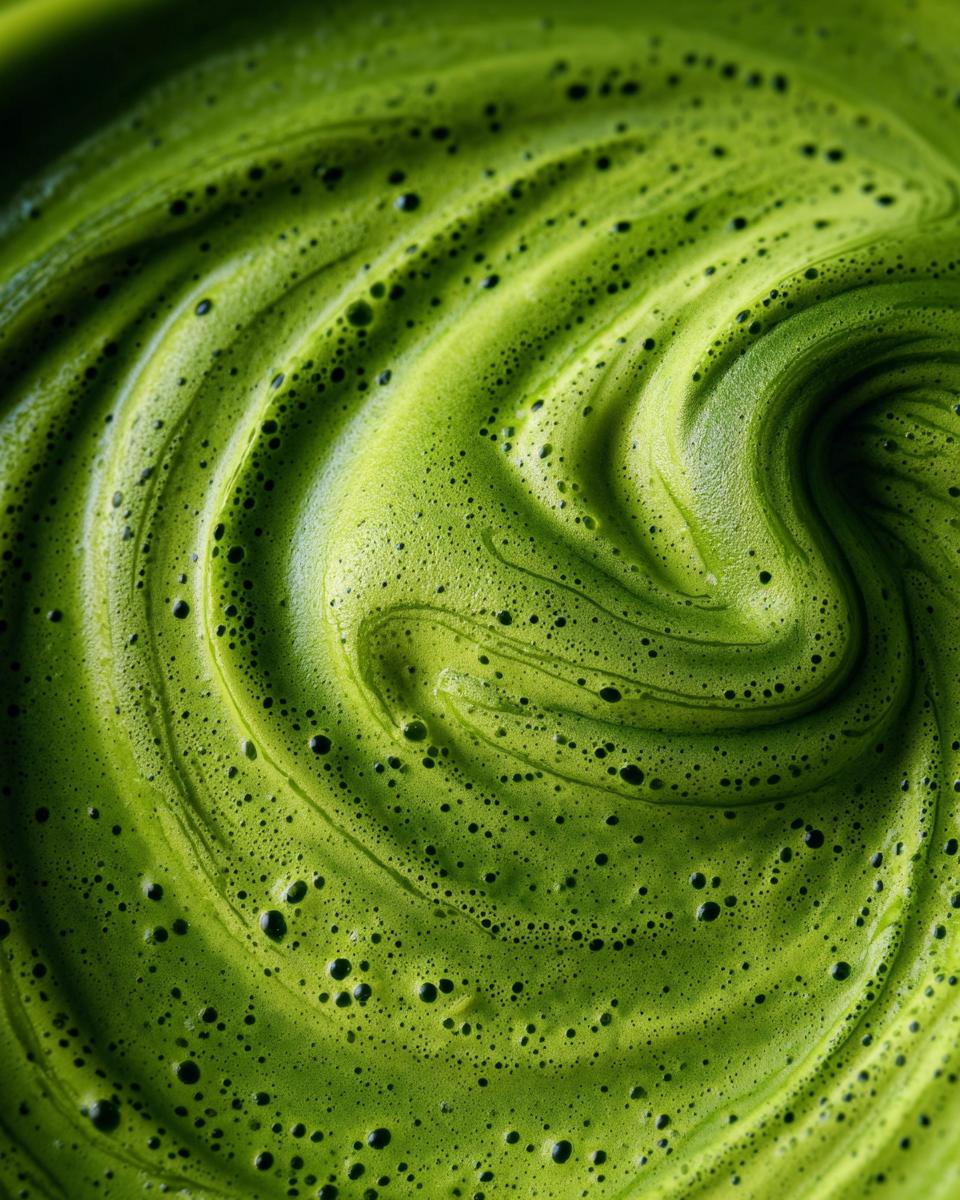 Close-up of a vibrant green Iced Matcha Latte Coconut Milk with a swirling, foamy texture.