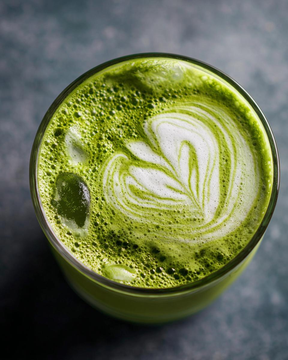 Overhead view of a vibrant Iced Matcha Latte Coconut Milk with a delicate heart-shaped foam design.