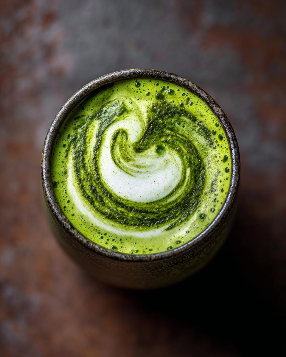 Overhead shot of a vibrant green Iced Matcha Latte Coconut Milk with a frothy swirl design in a ceramic cup.