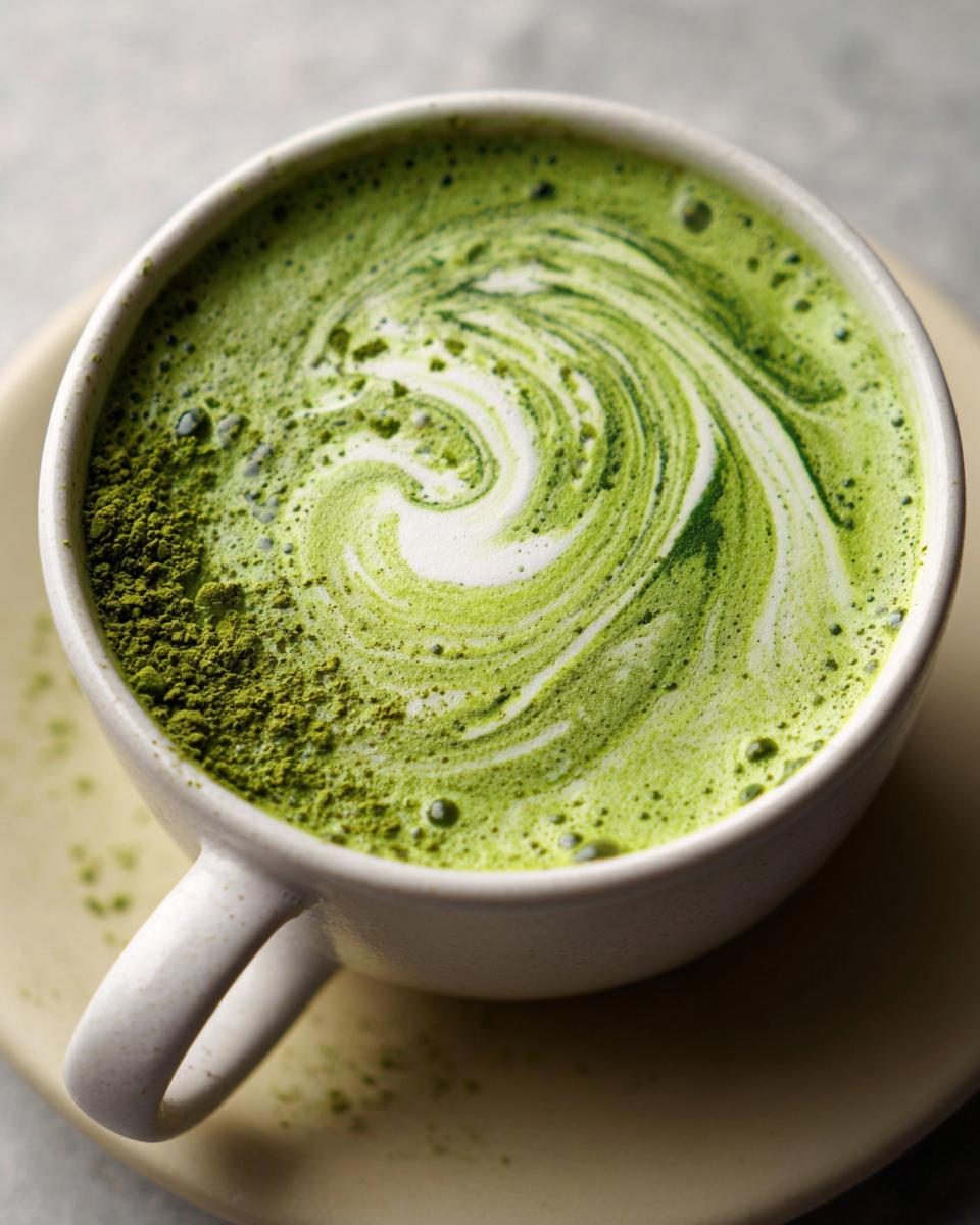 Overhead view of a creamy Iced Matcha Latte Coconut Milk in a white mug, swirled with matcha powder.