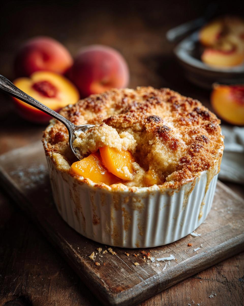 Close-up of an individual The Peach Cobbler in a ramekin with a spoon scooping out peaches.