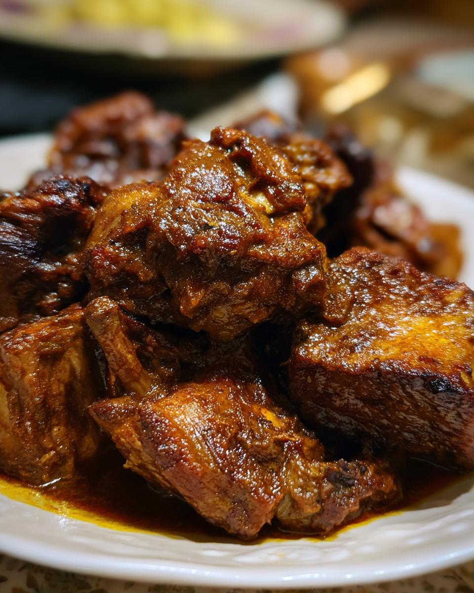 Close-up of Fall-Off-The-Bone Jamaican Brown Stew Chicken on a plate, showcasing the rich, dark sauce and tender chicken pieces.