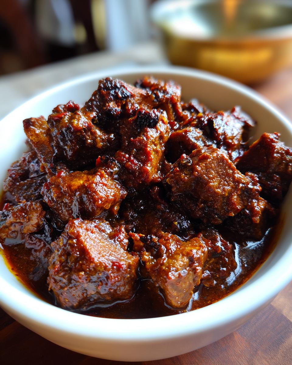 Close-up of Fall-Off-The-Bone Jamaican Brown Stew Chicken in a white bowl, showcasing its rich color and texture.