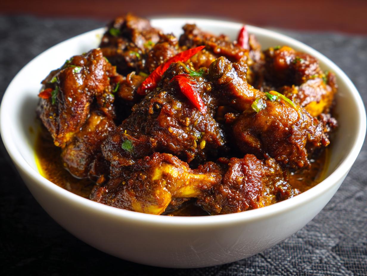 A bowl of Fall-Off-The-Bone Jamaican Brown Stew Chicken, garnished with red peppers and herbs, ready to serve.