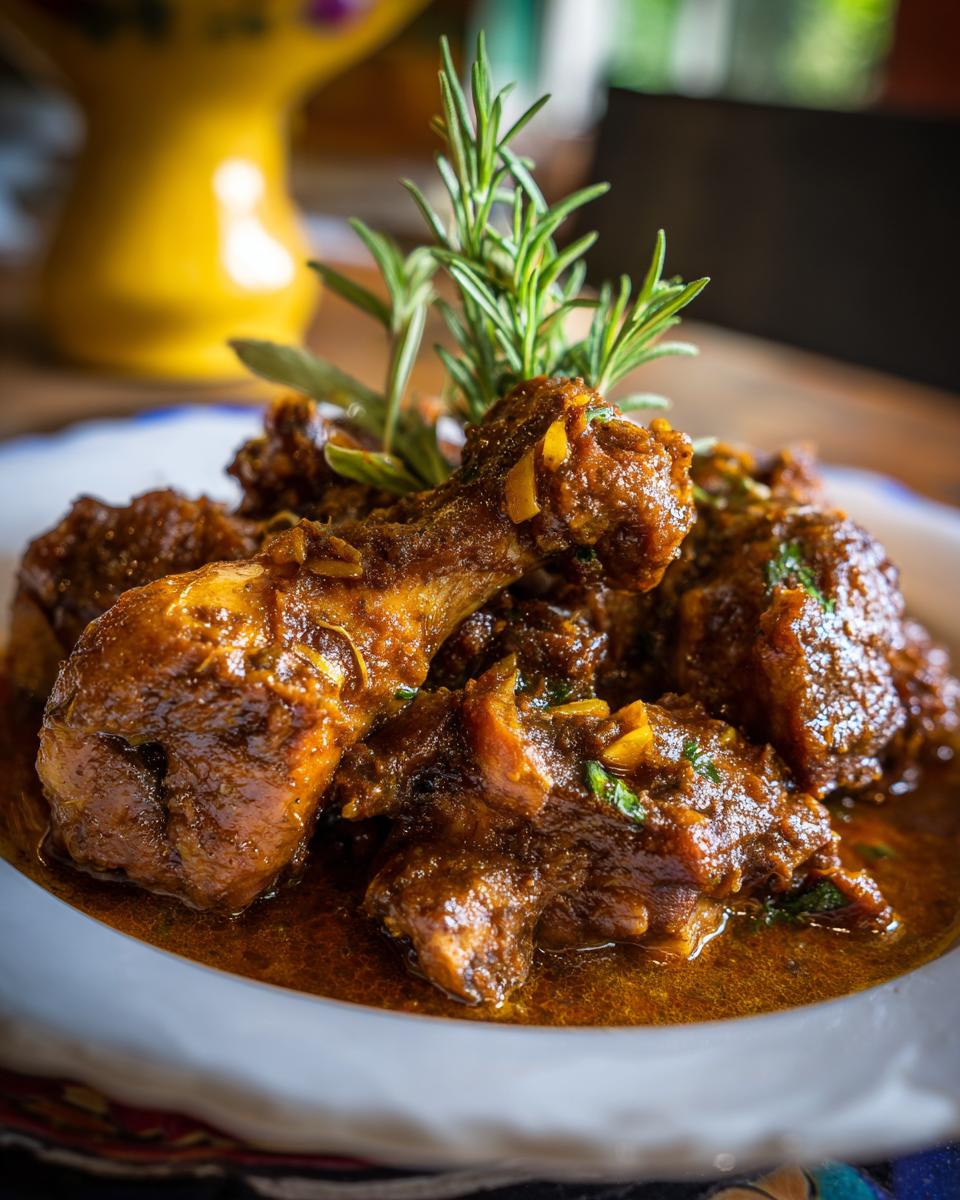 Close-up of Fall-Off-The-Bone Jamaican Brown Stew Chicken, garnished with herbs, in a white bowl.