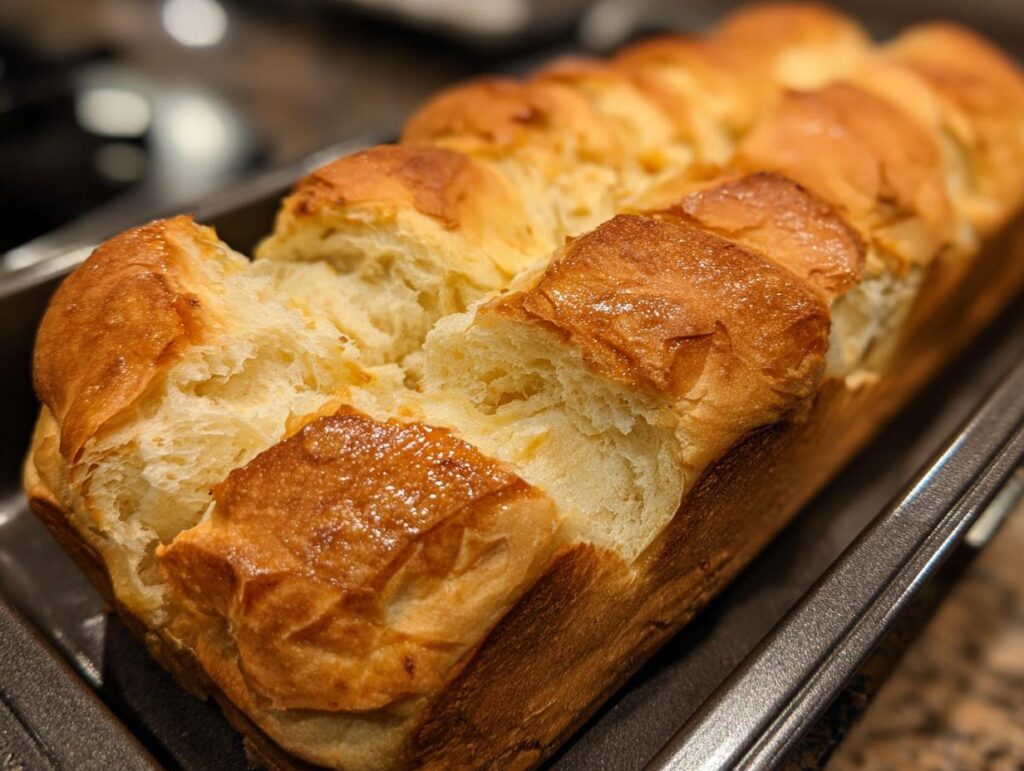 Close-up of a loaf of Ultimate Fluffy Japanese Milk Bread in a baking pan, showing its soft, golden-brown crust.