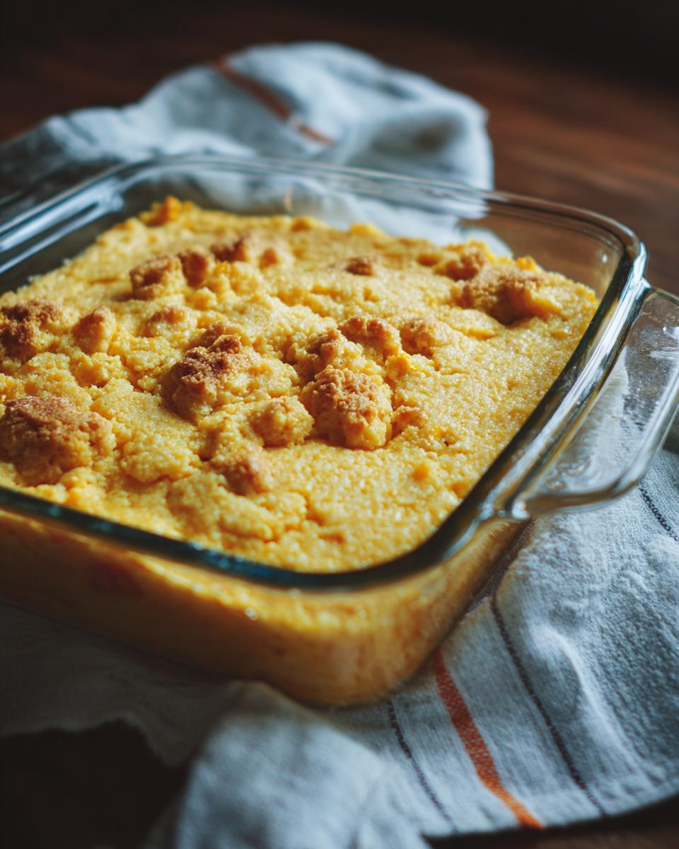 Overhead shot of a freshly baked Jiffy Corn Casserole in a glass baking dish, resting on a striped towel.