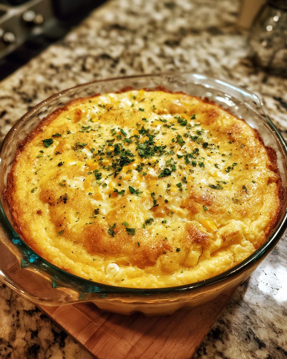 Golden brown Jiffy Corn Casserole in a glass dish, garnished with herbs.
