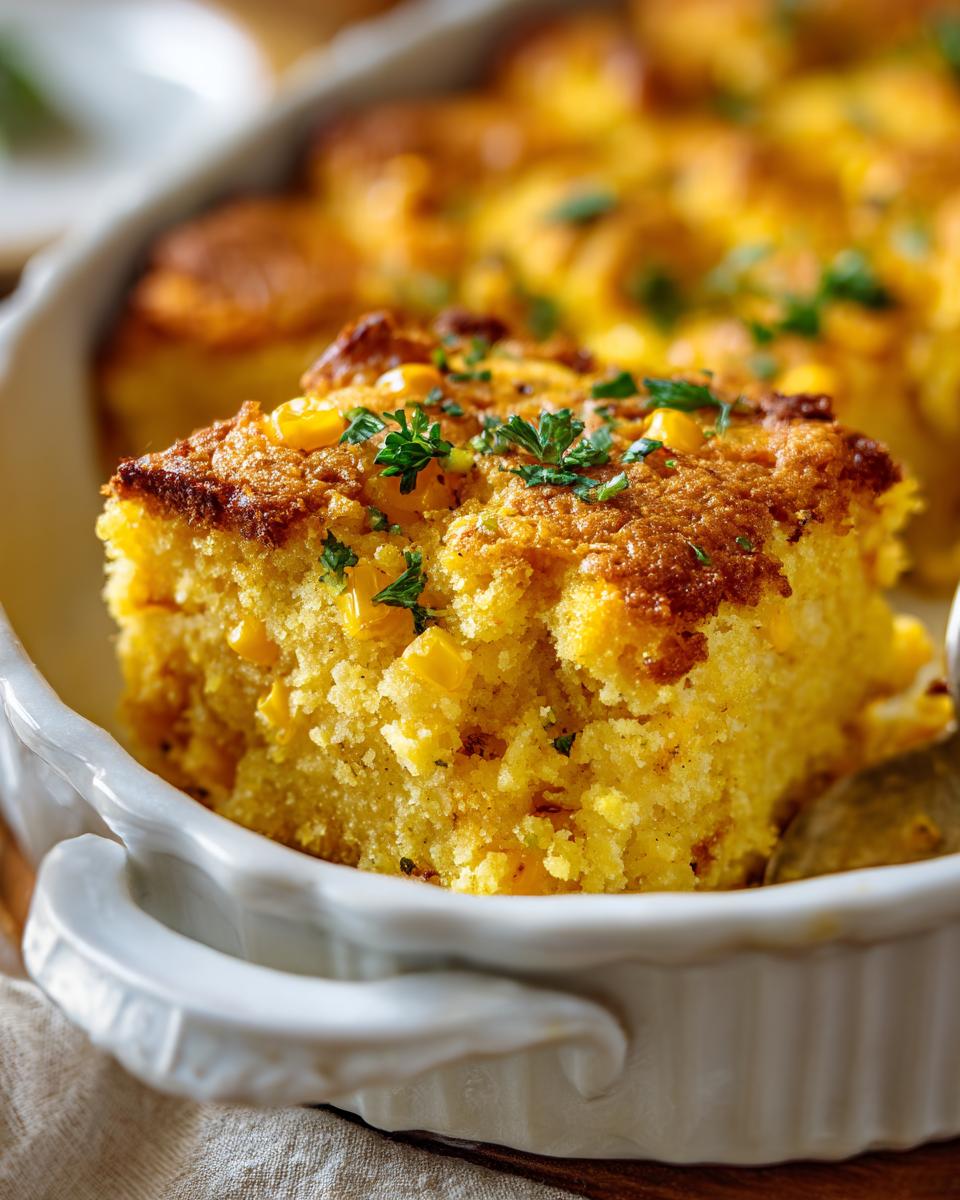 A slice of golden brown Jiffy Corn Casserole in a white dish, garnished with parsley.